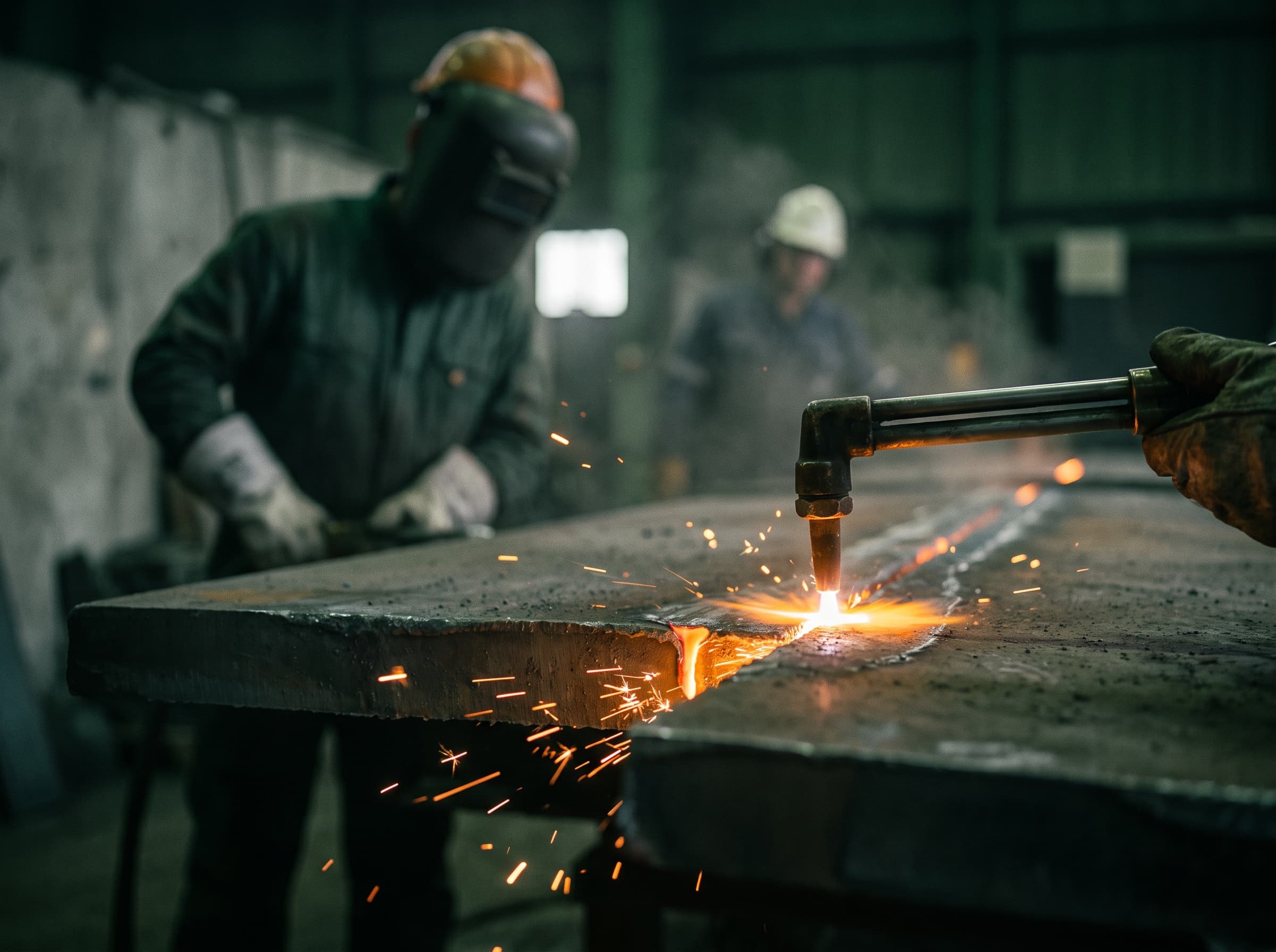 Découpe thermique d'une tôle d'acier épaisse à l'oxycoupage, ligne de coupe incandescente