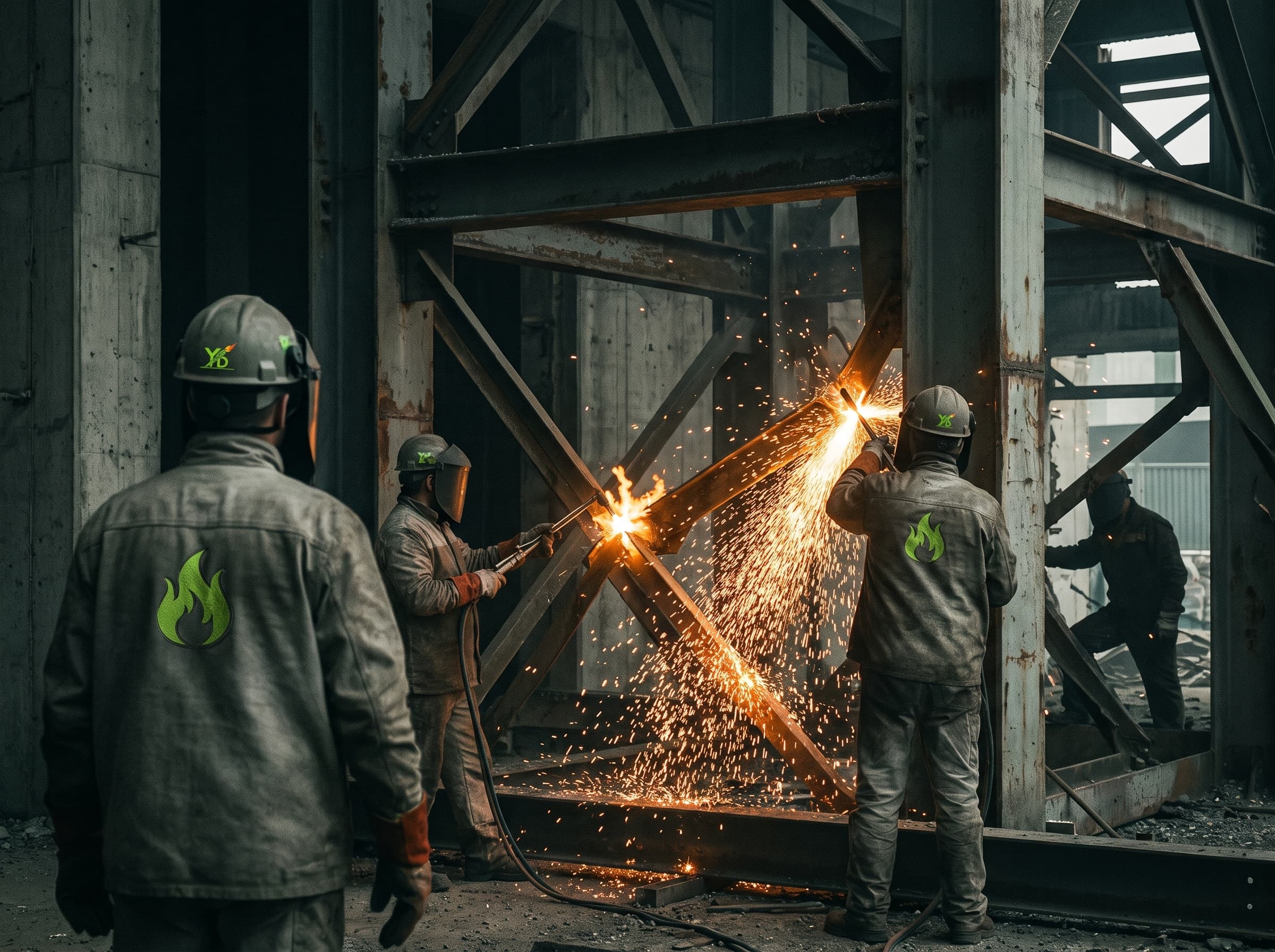 Démantèlement d'une charpente métallique industrielle par les équipes YD Démolition, opérateurs au chalumeau